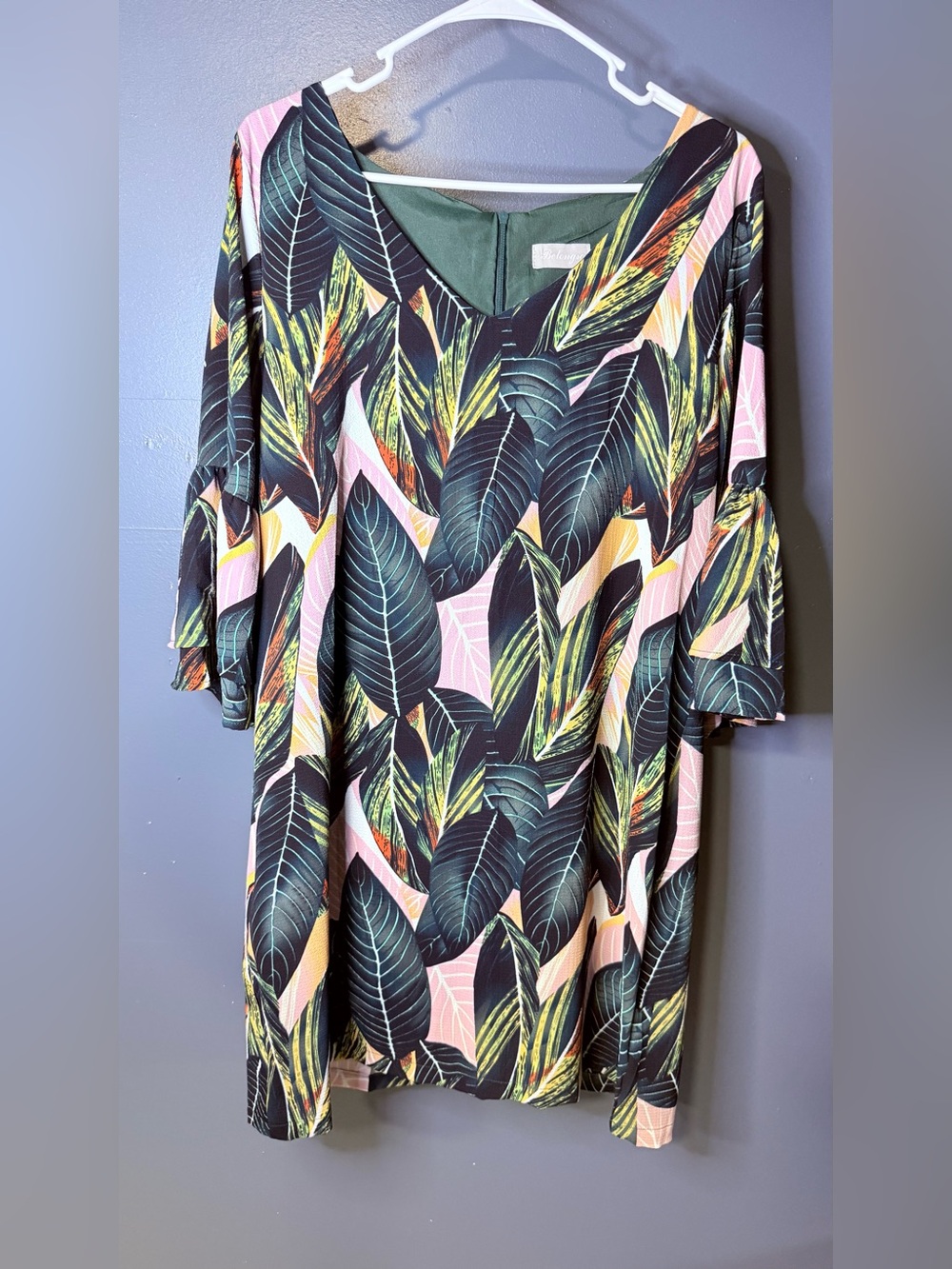 Tropical Leaf Print Mini Dress - Pink & Green